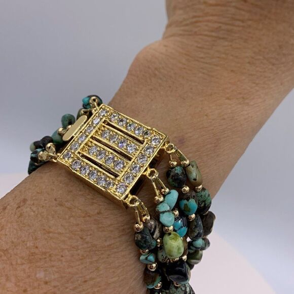 Bracelet, 6 strands of real turquoise, large jewelled clasp, 9 inches, N… - Picture 7 of 14